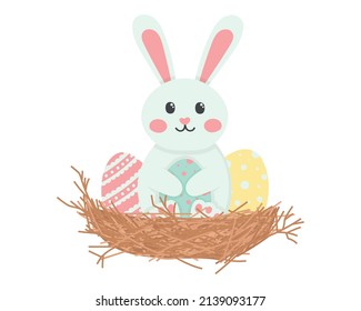 Cute postcard nest with Easter eggs and a rabbit. Vector illustration. Easy to change color.