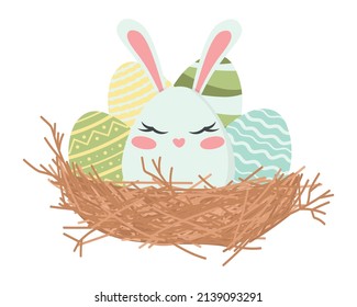 Cute postcard nest with Easter eggs and a rabbit. Vector illustration. Easy to change color.