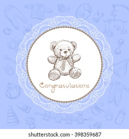 
Cute postcard for newborn. Sketch of a teddy bear on a blue background with a congratulatory inscription
