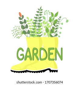 cute postcard on a garden theme with yellow rubber boots and wild grasses in them. lettering garden cool print for t-shirt festival. vector isolated illustration