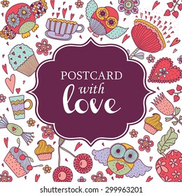 Cute postcard with owls and sweets.