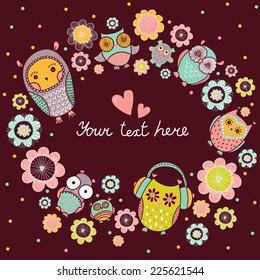 Cute postcard with owls. Vector.