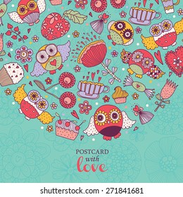 Cute postcard with owls. Vector.
