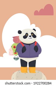 Cute postcard with panda on a hike. Flat vector illustration.