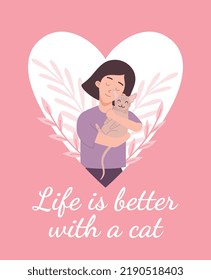 Cute postcard with peaceful young woman hugging smiling sphinx cat flat style, vector illustration isolated on pink background. Heart shape, text, cat lover and pet character