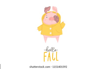 Cute postcard with pig - symbol of the year in the Chinese calendar. Cozy fall card. Pig illustration isolated on white