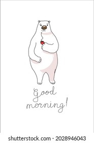 Cute postcard with a polar bear and good morning wishes. Polar bear drinks coffee. Vector illustration.