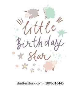 cute postcard poster or print with sheep. little birthday star. greeting card