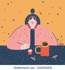 Cute postcard, print, illustration with a portrait of a girl with black hair and coffee, cream, berries.