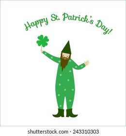 Cute postcard for Saint Patrick's Day - illustration of a leprechaun with a four leaf clover flower in hand