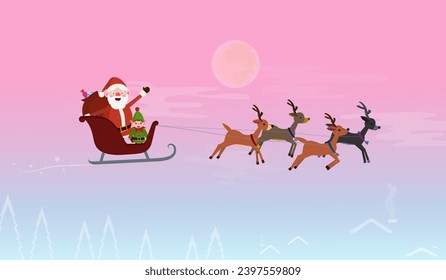 Cute postcard - Santa Claus flies on a sleigh drawn by reindeer together with his assistant elf to wish children a Merry Christmas and a Happy New Year. Delicate, pastel colors postcard.