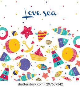 Cute postcard with sea. Vector illustration.