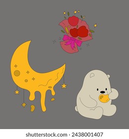 Cute Postcard Set month flower bouquet teddy bear