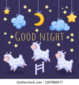 Cute postcard with sheeps, clouds and half moon on dark background. Can be used for print design, gift paper, kids wear, website, celebration greeting, postcard, sticker, t-shirt, mug and other design