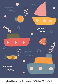 cute postcard with ships and fish