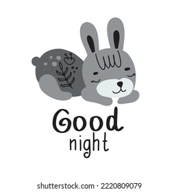 Cute postcard with a sleeping hare and the inscription: good night. Vector illustration isolated on white background for textile and nursery decoration
