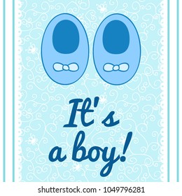 a cute postcard with small baby shoes for a boy and text, It is a boy