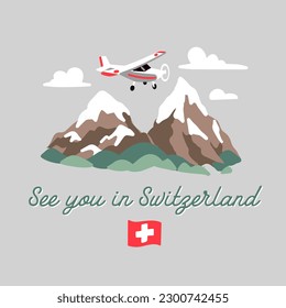 Cute Postkarte aus der Schweiz mit einem kleinen Flugzeug, das über Schweizer Alpen fliegt. Wir sehen uns in der Schweiz Einladungsschreiben.