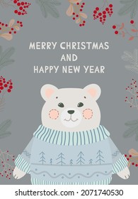 Schreibe Postkarte mit Teddybär. Weihnachtsgrußkarten mit Winterelementen und Urlaubswünsche. Winter-Vektorgrafik einzeln auf weißem Hintergrund.