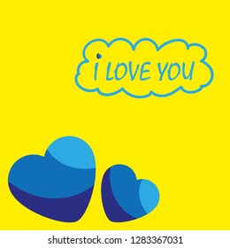 Cute postcard template with blue hearts in a corner, a doodle frame and a text sample. Yellow background. Flat hand drawn doodle style vector illustration.