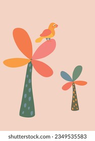 cute postcard with tree palm and parrots