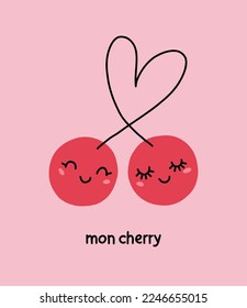 
Cute postcard to
valentine's day. Cherries in love from twigs in the form of a heart. The inscription "mon cherry".