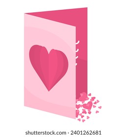 Cute postcard with voluminous pink heart. Illustration for February 14th, Valentine's Day. Love letter,card. Isolated on white background. Congratulations on the holiday.