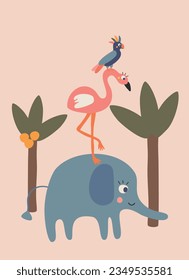 cute postcard with wild animals standing on top of each other
