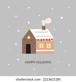 Cute postcard with winter decorated house, Christmas lights and snowfall in modern cartoon style isolated on white background. Happy new year illustration.