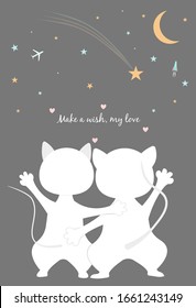 Cute postcards of cats looking at the sky. Declaration of love. Make a wish. A star is falling. Colorful vector illustration.