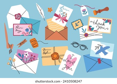 Cute postcards in envelopes. Vintage hand draw mail letters, stationeries and romantic messages with herbarium elements, cards, vector set.eps
