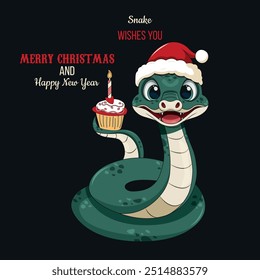 Tarjetas postales lindas, tarjeta de felicitación con la serpiente verde sonriente de la historieta en el fondo aislado negro del sombrero rojo de Santa Claus. Nuevo año de 2025 animal snake symbol. Navidades felices y concepto de feliz año Nuevo