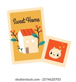 Cute postcards with house and cat. Lifestyle home interior clip art illustration