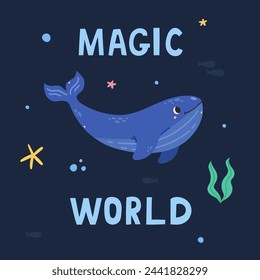 Cute postcards for kids, underwater world, cute vector banner