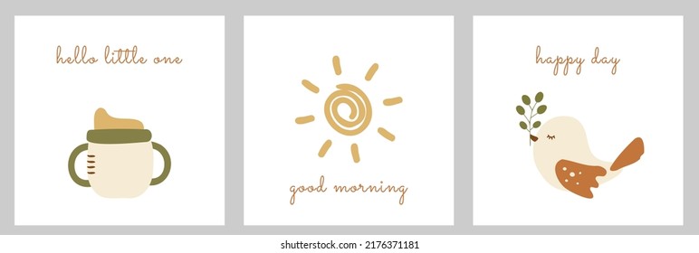 Cute postcards set with milk bottle, sun and bird for newborn baby. Cartoon vector drawings for child stuff decoration