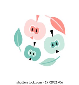 Cute poster with abstract summer fruit collage, apple slices, apples, leaves, pastel colors, children's, fashion minimal style graphic design, vector illustration, for printing. Scandinavian style.