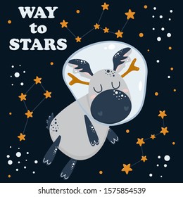 cute poster with astronaut deer in space - vector illustration, eps