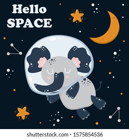 cute poster with astronaut elephant in space - vector illustration, eps