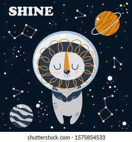 cute poster with astronaut lion in space - vector illustration, eps