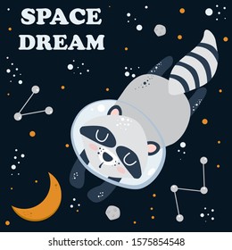 cute poster with astronaut raccoon in space - vector illustration, eps