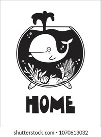 Cute poster for baby room, greeting card, print on the wall, pillow, decoration kids interior, baby wear and t-shirts. Whale in fish bowl.	