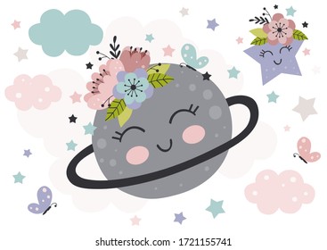 afiche lindo con un bello planeta, estrella y flores
 - ilustración vectorial, pasos
