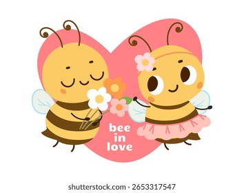 Cute poster with bee in love. Romantic sticker, children style print for clothes. Funny insects with flowers, dating scene in pink heart, vector concept