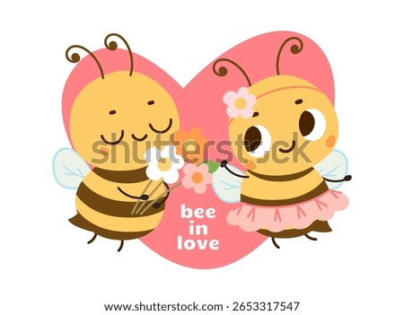 Cute poster with bee in love. Romantic sticker, children style print for clothes. Funny insects with flowers, dating scene in pink heart, vector concept