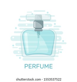 Cute poster with blue perfume bottle isolated on white background. Vector illustration.