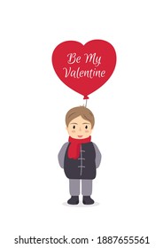 Cute poster of boy holding a balloon with the inscription - Be my Valentine. Valentine's day greeting card