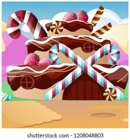 Cute poster with a cake in the shape of a house. Vector cartoon close-up illustration.