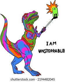 Cute poster with cartoon striped colorful dinosaur keeping selfie stick smiling with tongue out and making photo 