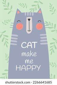 Rutsche Poster mit Katze. Kätzchen machen mich glücklich. Graues, glückliches Tier und Tier. Poster oder Banner für die Website. Kuh und Kopf, häuslicher Charakter. Cartoon-Flavektor-Vektorgrafik