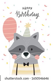 Cute poster with a character - sailor raccoon.  Print birthday party and Baby shower. Scandinavian style bedroom decor